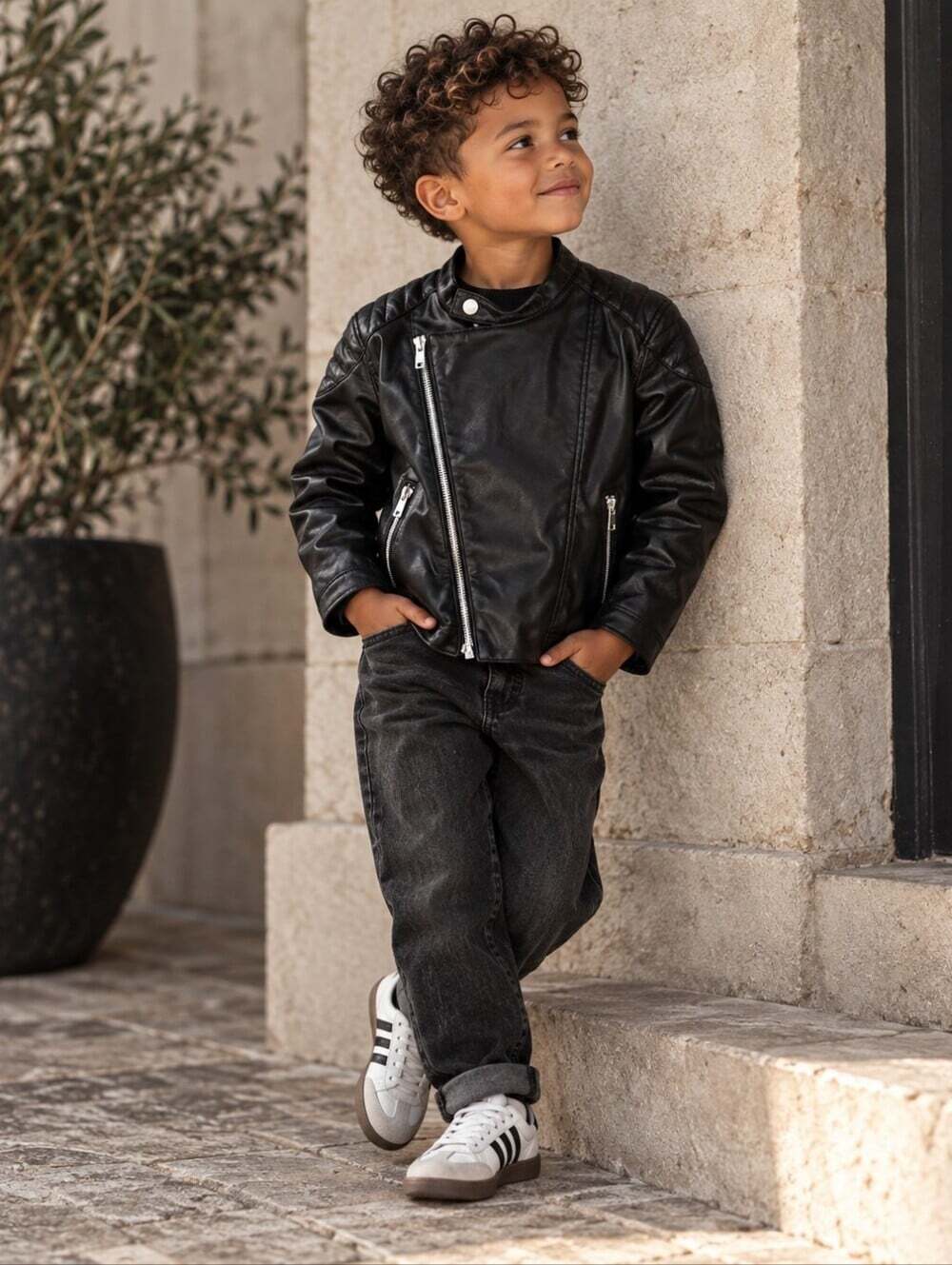 H&M Kids Black Faux Leather Moto Biker Jacket Size 5-6Y 116 Punk Y2K